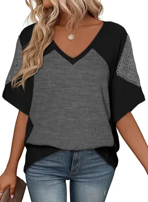 SHEWIN Womens Shirts Waffle Knit Tops Short Sleeve V Neck T Shirts Spring Tops for Women