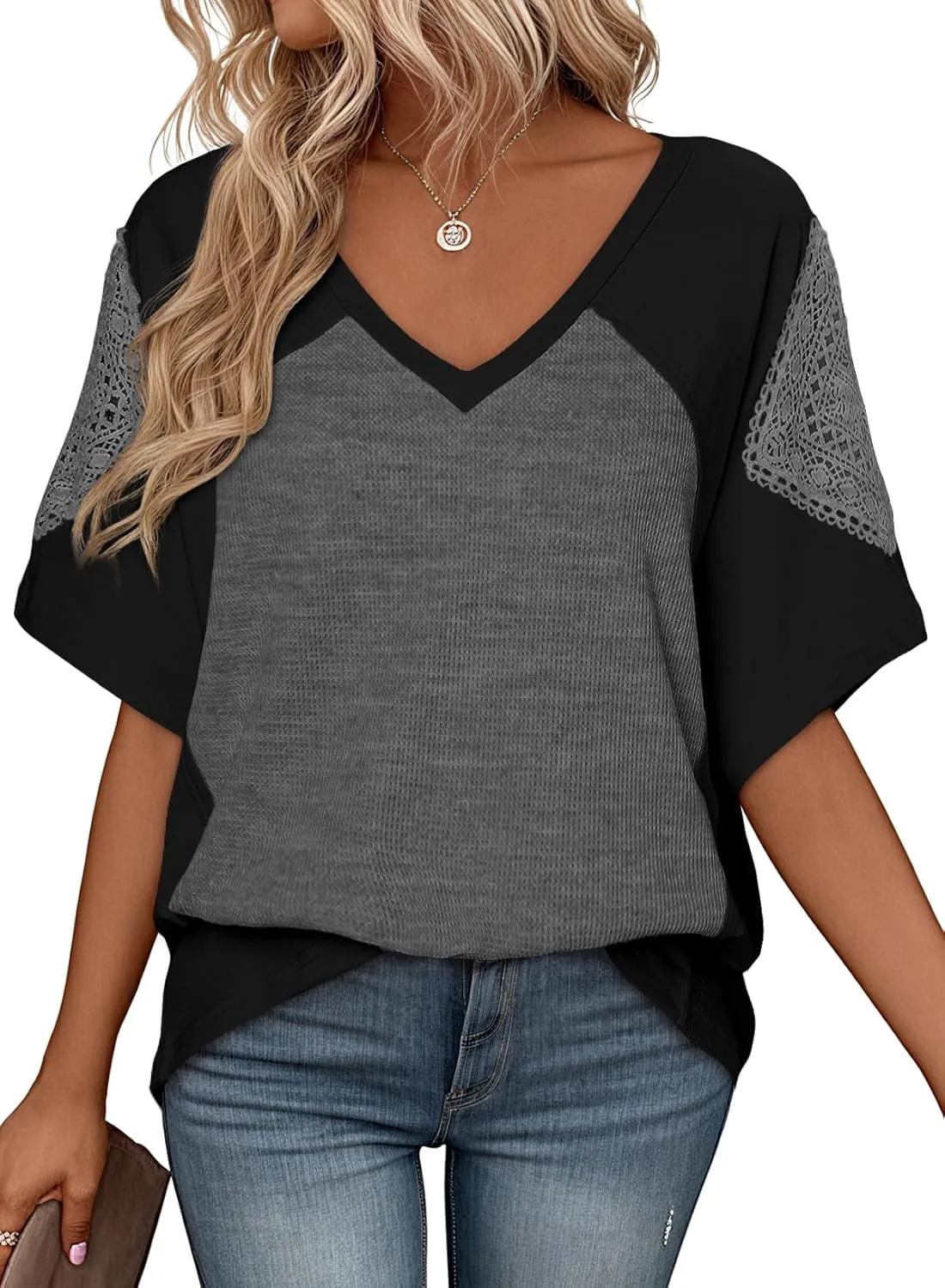 SHEWIN Womens Shirts Waffle Knit Tops Short Sleeve V Neck T Shirts Spring Tops for Women