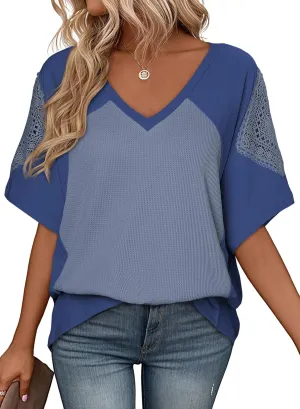 SHEWIN Womens Shirts Waffle Knit Tops Short Sleeve V Neck T Shirts Spring Tops for Women