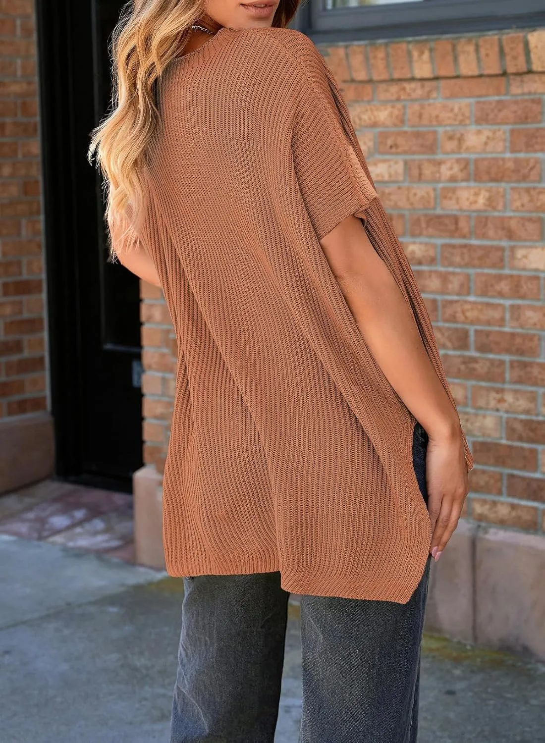 SHEWIN Womens Tops Casual Short Sleeve Sweater Loose Oversized Sweaters Spring Tops for Women 2025