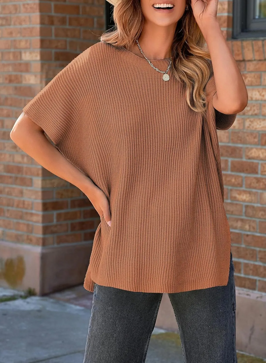 SHEWIN Womens Tops Casual Short Sleeve Sweater Loose Oversized Sweaters Spring Tops for Women 2025
