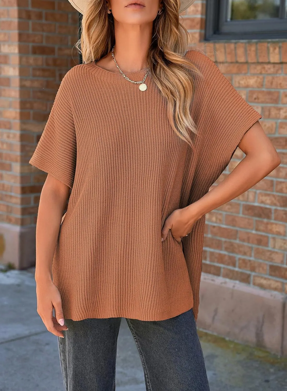 SHEWIN Womens Tops Casual Short Sleeve Sweater Loose Oversized Sweaters Spring Tops for Women 2025