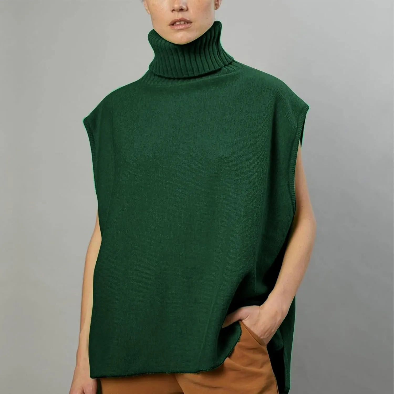 Sinzelimin Women's Turtleneck Sweater Tank Tops Fashion Sleeveless Round-Neck Oversized Sweatshirt Knitted Pullover Vest Tops