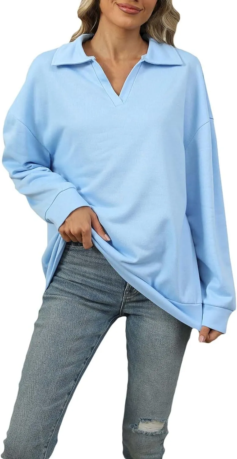 Solid Color Sweatshirts for Women Fall Lapel Split V Neck Long Sleeve Plain Pullover Tops Casual Loose Joggers Hoodies