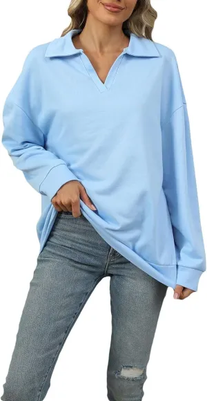 Solid Color Sweatshirts for Women Fall Lapel Split V Neck Long Sleeve Plain Pullover Tops Casual Loose Joggers Hoodies