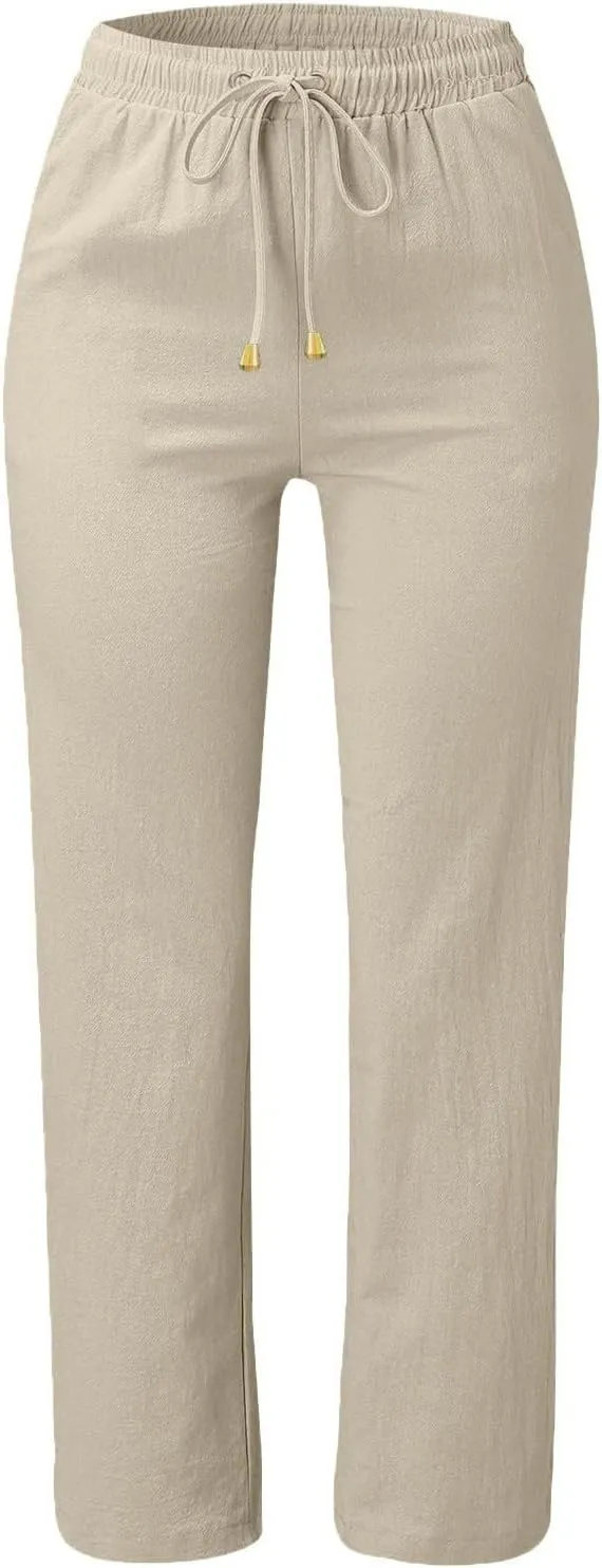 Straight Leg Linen Pants Women Summer Boho Pants Lightweight Loose Cotton Pants High Waisted Lounge Pants Trousers