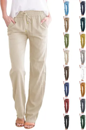 Straight Leg Linen Pants Women Summer Boho Pants Lightweight Loose Cotton Pants High Waisted Lounge Pants Trousers