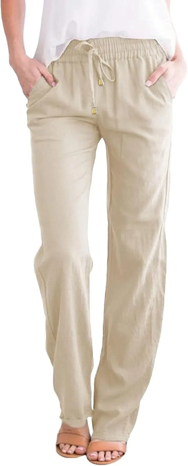Straight Leg Linen Pants Women Summer Boho Pants Lightweight Loose Cotton Pants High Waisted Lounge Pants Trousers