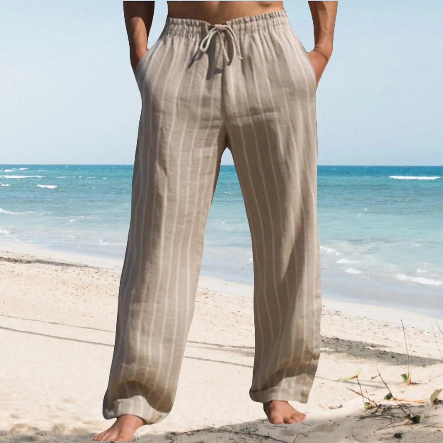Striped Pants Men Cotton Linen Drawstring Pants Loose Beach Summer Pants Elastic Waist Casual Jogger Yoga Pants Trouser