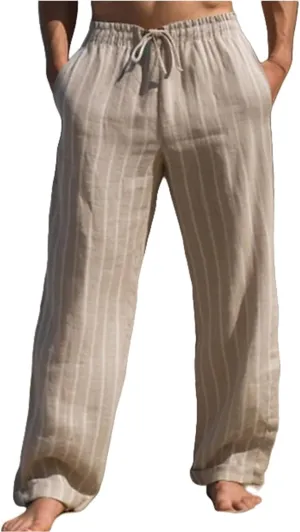 Striped Pants Men Cotton Linen Drawstring Pants Loose Beach Summer Pants Elastic Waist Casual Jogger Yoga Pants Trouser