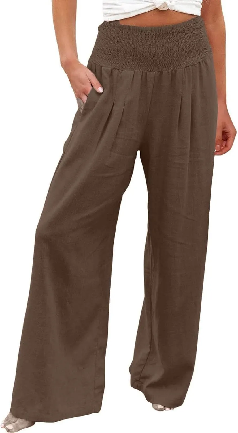 Summer Linen Pants Women Palazzo Pants Drawstring Elastic Waist Wide Leg Pants High Waist Lounge Pants Casual Trouser