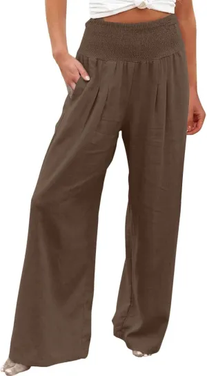 Summer Linen Pants Women Palazzo Pants Drawstring Elastic Waist Wide Leg Pants High Waist Lounge Pants Casual Trouser
