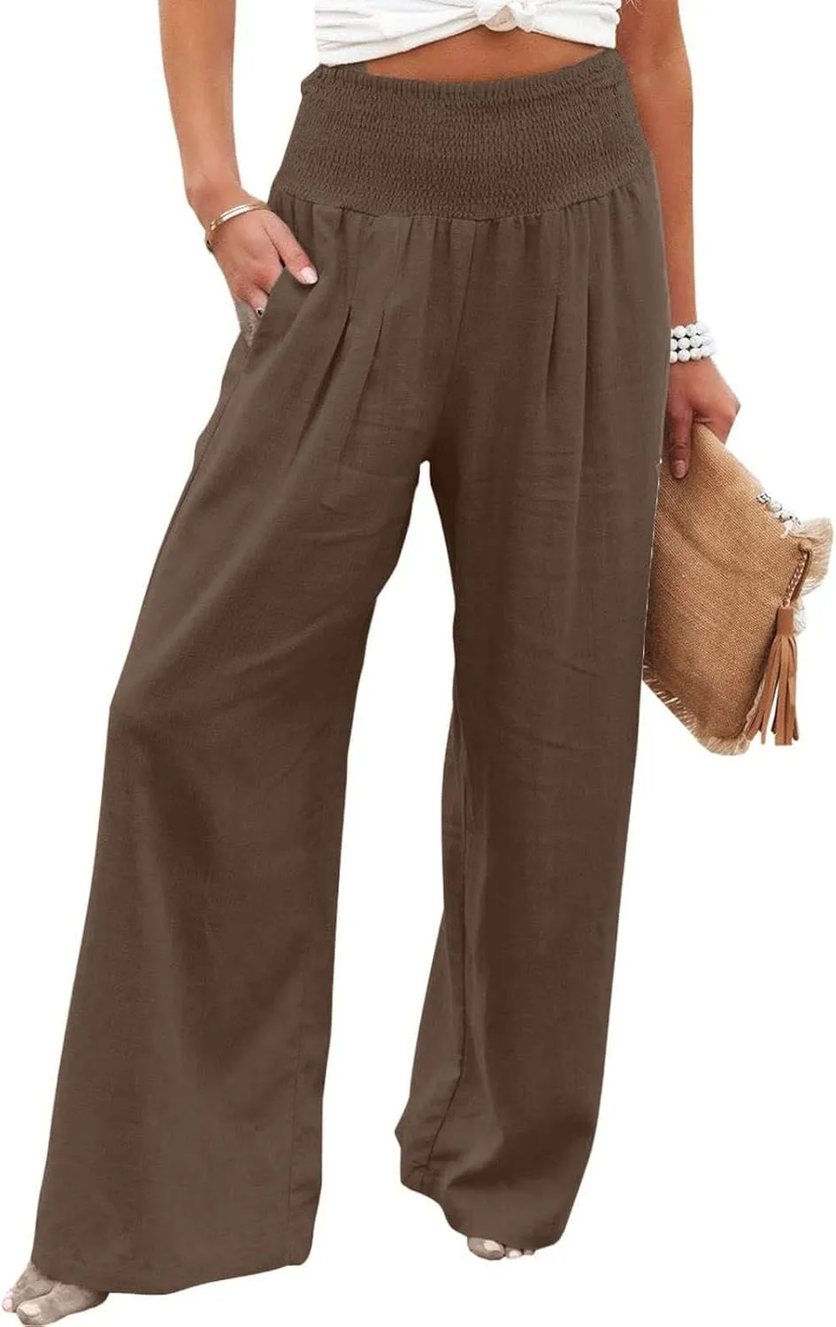 Summer Linen Pants Women Palazzo Pants Drawstring Elastic Waist Wide Leg Pants High Waist Lounge Pants Casual Trouser