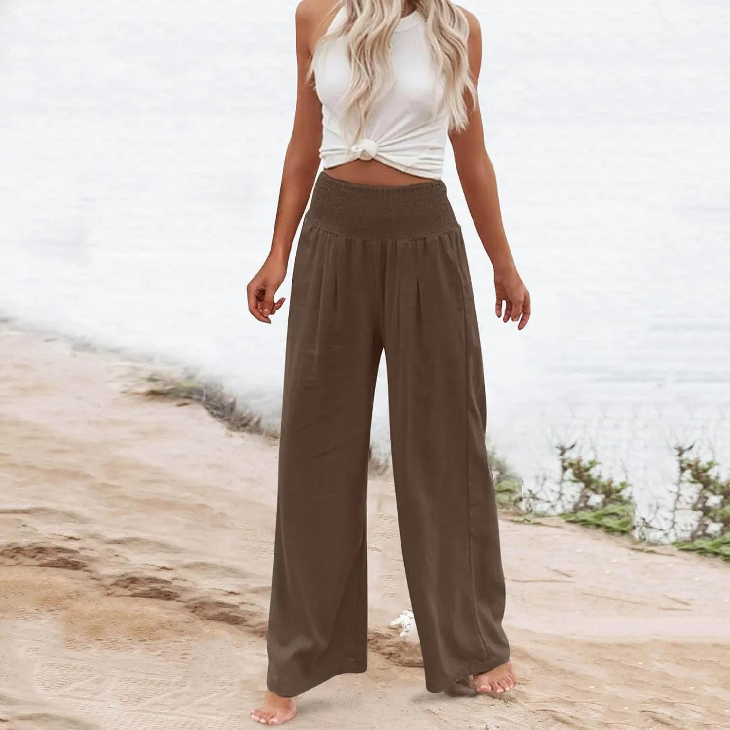 Summer Linen Pants Women Palazzo Pants Drawstring Elastic Waist Wide Leg Pants High Waist Lounge Pants Casual Trouser