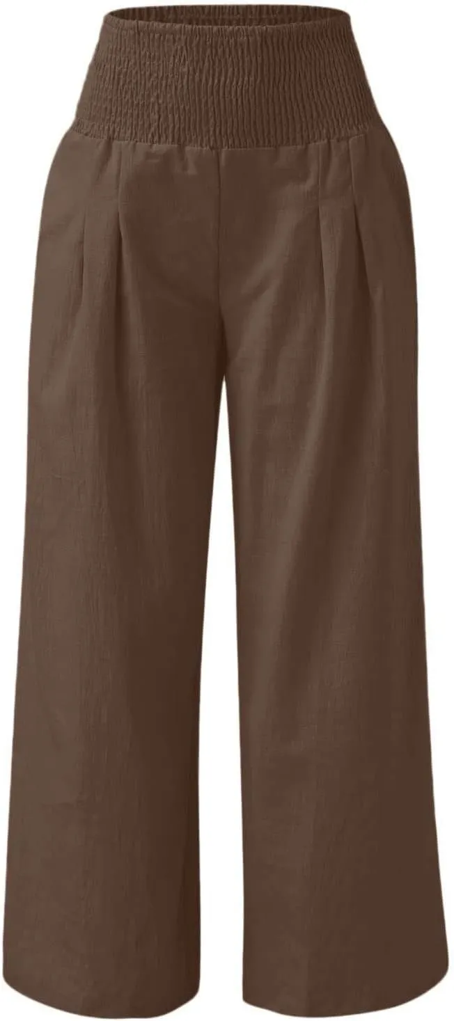 Summer Linen Pants Women Palazzo Pants Drawstring Elastic Waist Wide Leg Pants High Waist Lounge Pants Casual Trouser