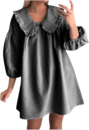 Summer Peter Pan Collar Dresses for Women 3/4 Sleeve Mini Dress Loose Fit Casual Beach Sundress Sleepwear Loungewear