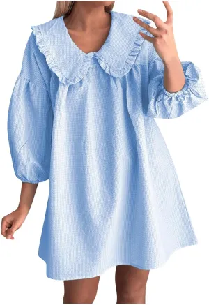Summer Peter Pan Collar Dresses for Women 3/4 Sleeve Mini Dress Loose Fit Casual Beach Sundress Sleepwear Loungewear