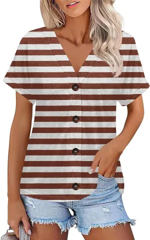 Summer Tops for Women 2025 2025 Printed Tops Short Sleeve Button Down Shirts Casual V Neck T Shirts Trendy Tunic Tops