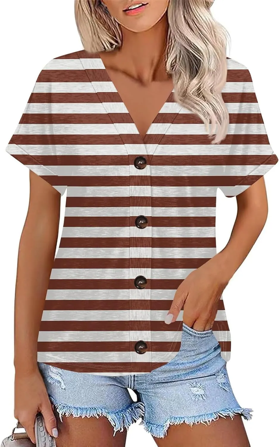 Summer Tops for Women 2025 2025 Printed Tops Short Sleeve Button Down Shirts Casual V Neck T Shirts Trendy Tunic Tops