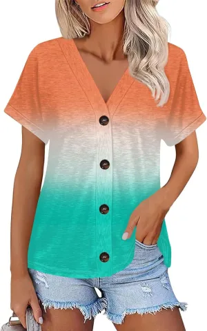 Summer Tops for Women 2025 Solid Color Tops Short Sleeve Button Down Shirts Casual V Neck T Shirts Trendy Tunic Tops