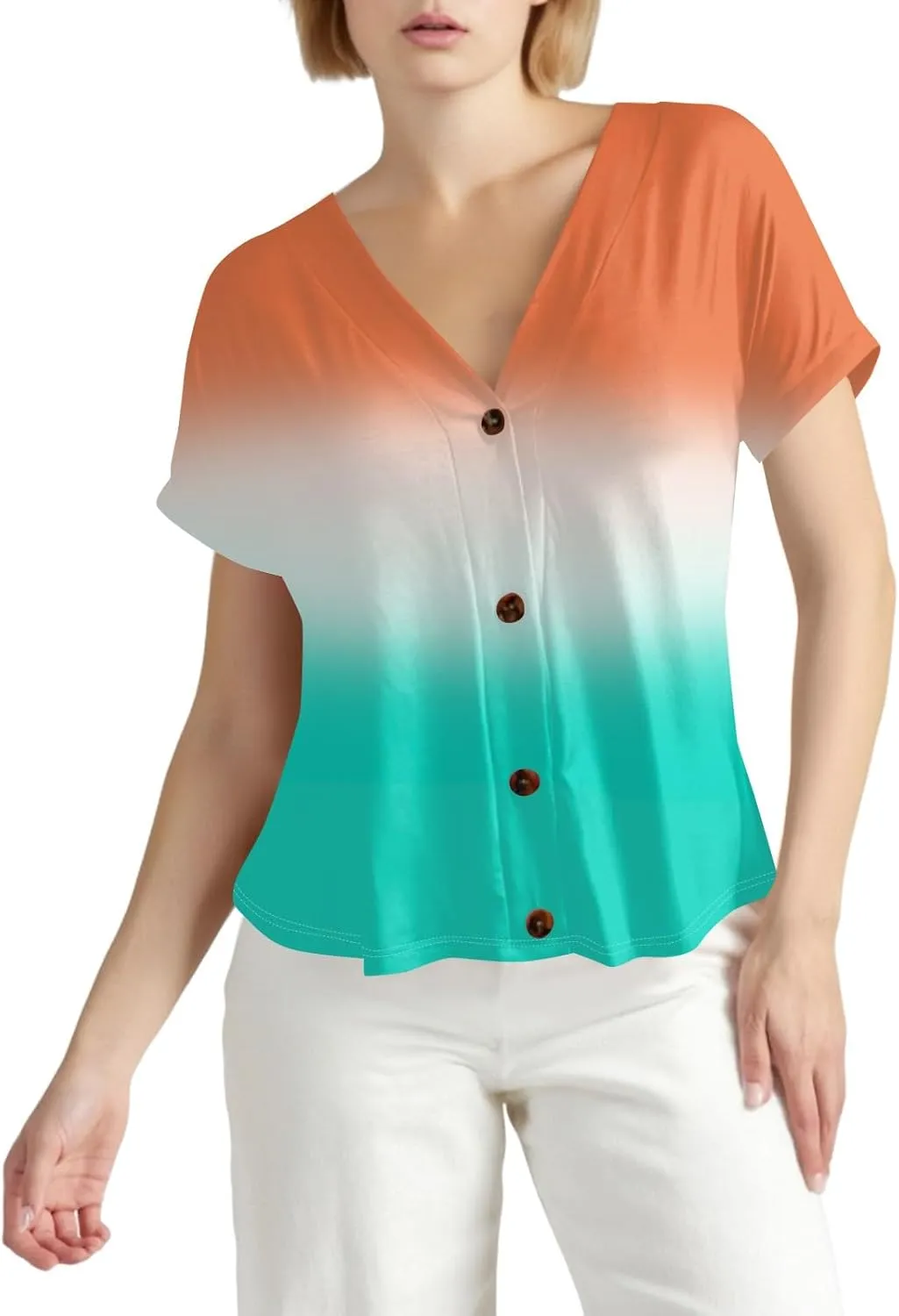 Summer Tops for Women 2025 Solid Color Tops Short Sleeve Button Down Shirts Casual V Neck T Shirts Trendy Tunic Tops