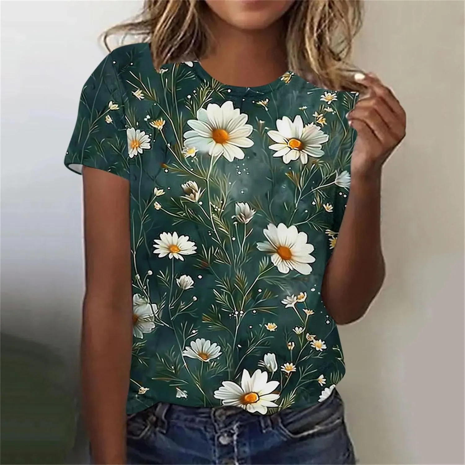 Summer Tops for Women 2025 Trendy Short Sleeve Boho Shirts Retro Floral Graphic Tees Plus Size Casual Crew Neck Tshirt
