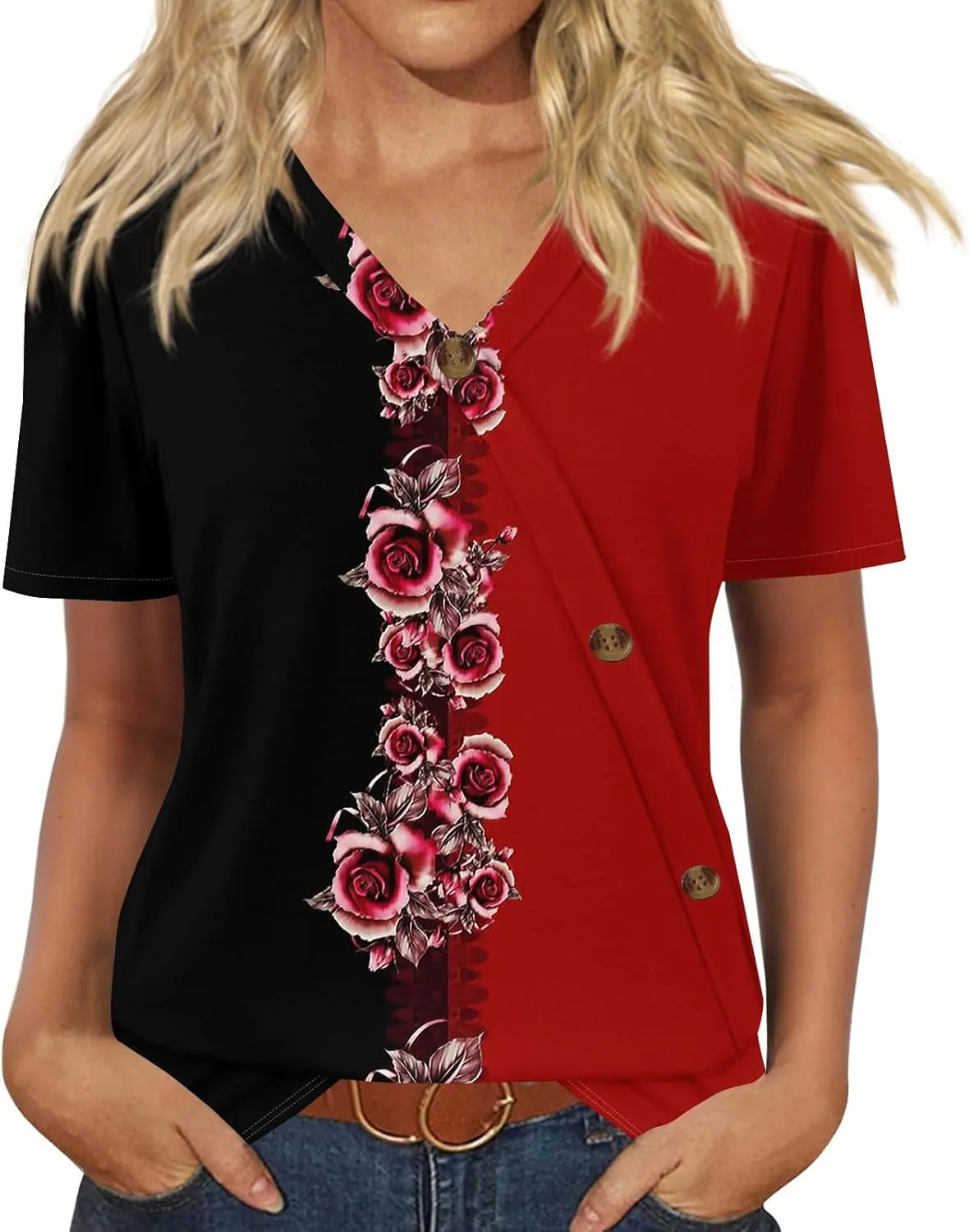 Summer Tops for Women Trendy Printed Tops Loose Short Sleeve Shirts Dressy Casual V Neck T Shirts Trendy Tunic Tops Blouses