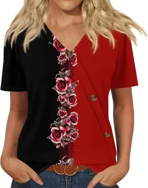 Summer Tops for Women Trendy Printed Tops Loose Short Sleeve Shirts Dressy Casual V Neck T Shirts Trendy Tunic Tops Blouses