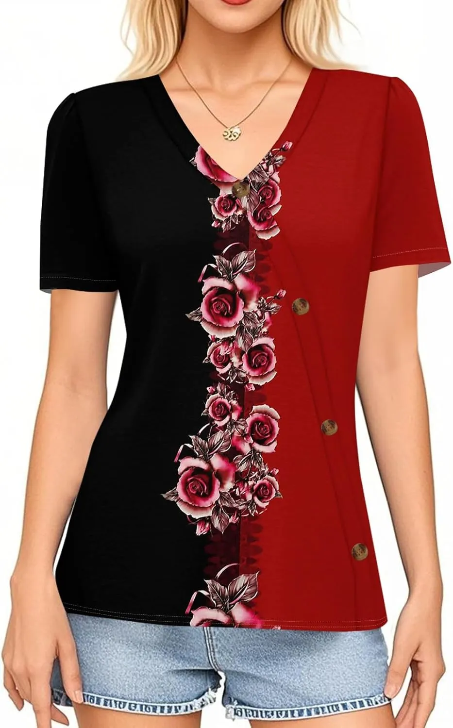 Summer Tops for Women Trendy Printed Tops Loose Short Sleeve Shirts Dressy Casual V Neck T Shirts Trendy Tunic Tops Blouses