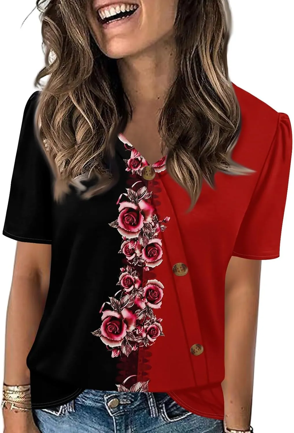 Summer Tops for Women Trendy Printed Tops Loose Short Sleeve Shirts Dressy Casual V Neck T Shirts Trendy Tunic Tops Blouses