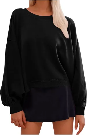 Sweatshirts for Women Puff Sleeve Pullover Tops Crewnneck Cropped Sweater Casual Fleece Jumpers Tops Fall Trendy