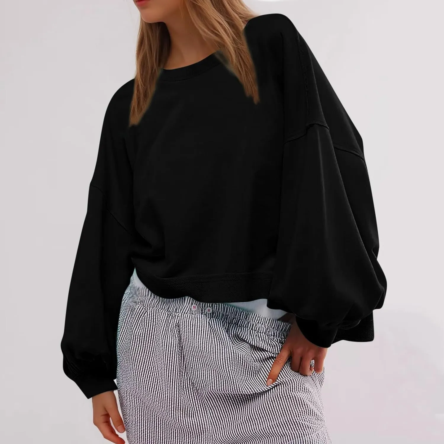 Sweatshirts for Women Puff Sleeve Pullover Tops Crewnneck Cropped Sweater Casual Fleece Jumpers Tops Fall Trendy