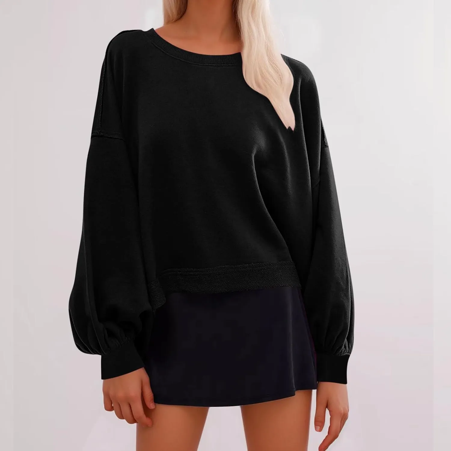 Sweatshirts for Women Puff Sleeve Pullover Tops Crewnneck Cropped Sweater Casual Fleece Jumpers Tops Fall Trendy