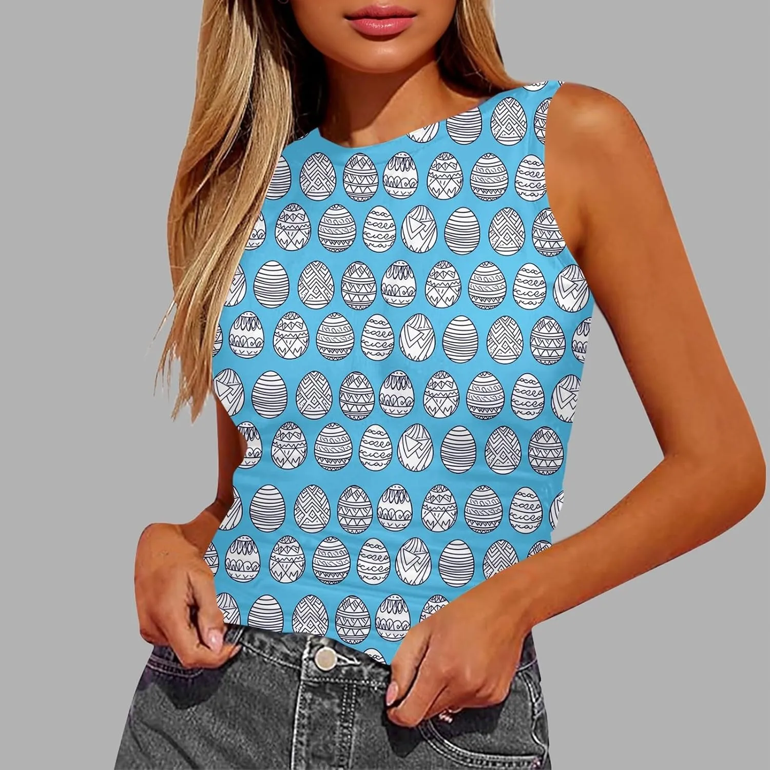 Tank Tops for Women 2025 Cute Egg and Bunny Print Round Neck Easter Shirts Slim Sleeveless Camisole Summer Outfits