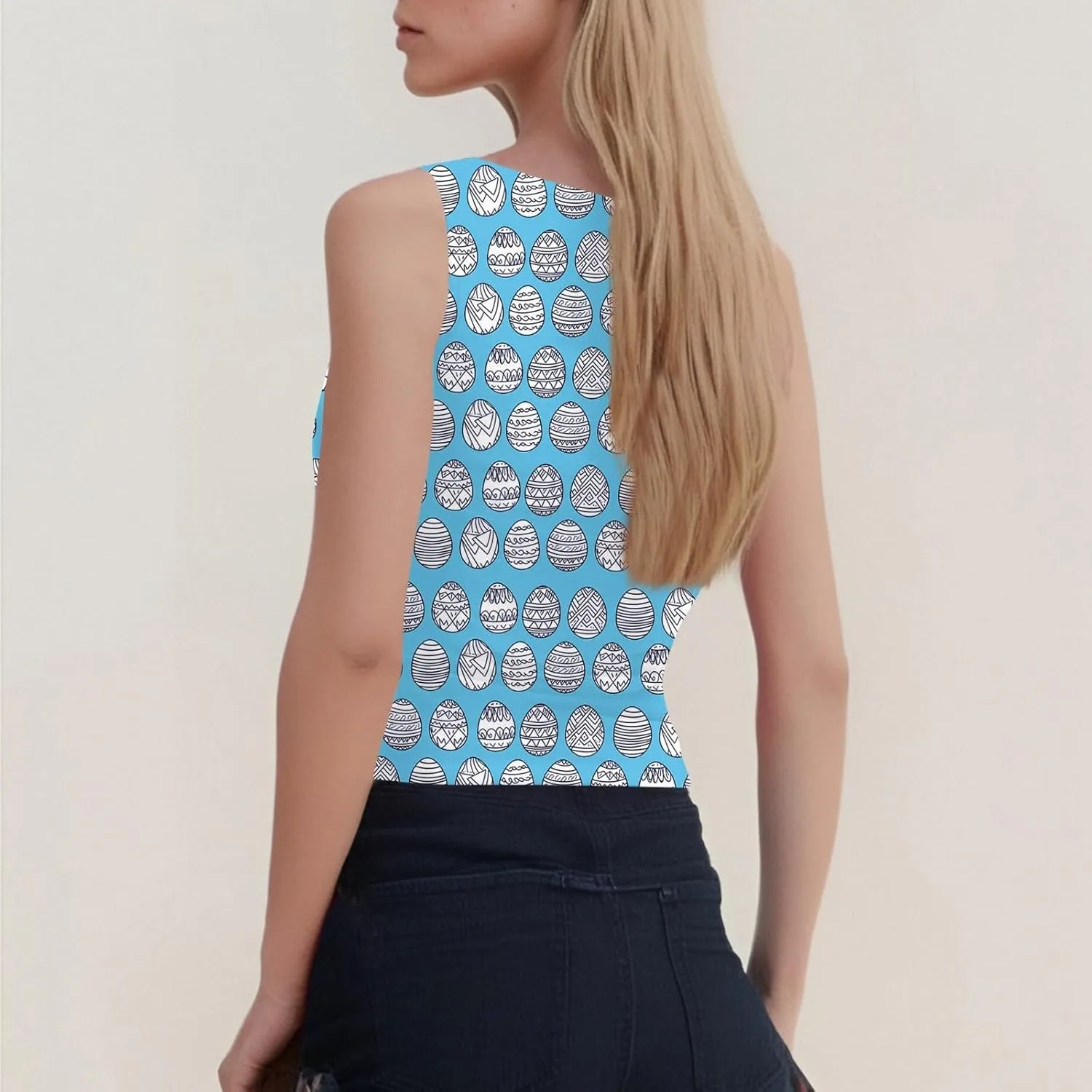 Tank Tops for Women 2025 Cute Egg and Bunny Print Round Neck Easter Shirts Slim Sleeveless Camisole Summer Outfits