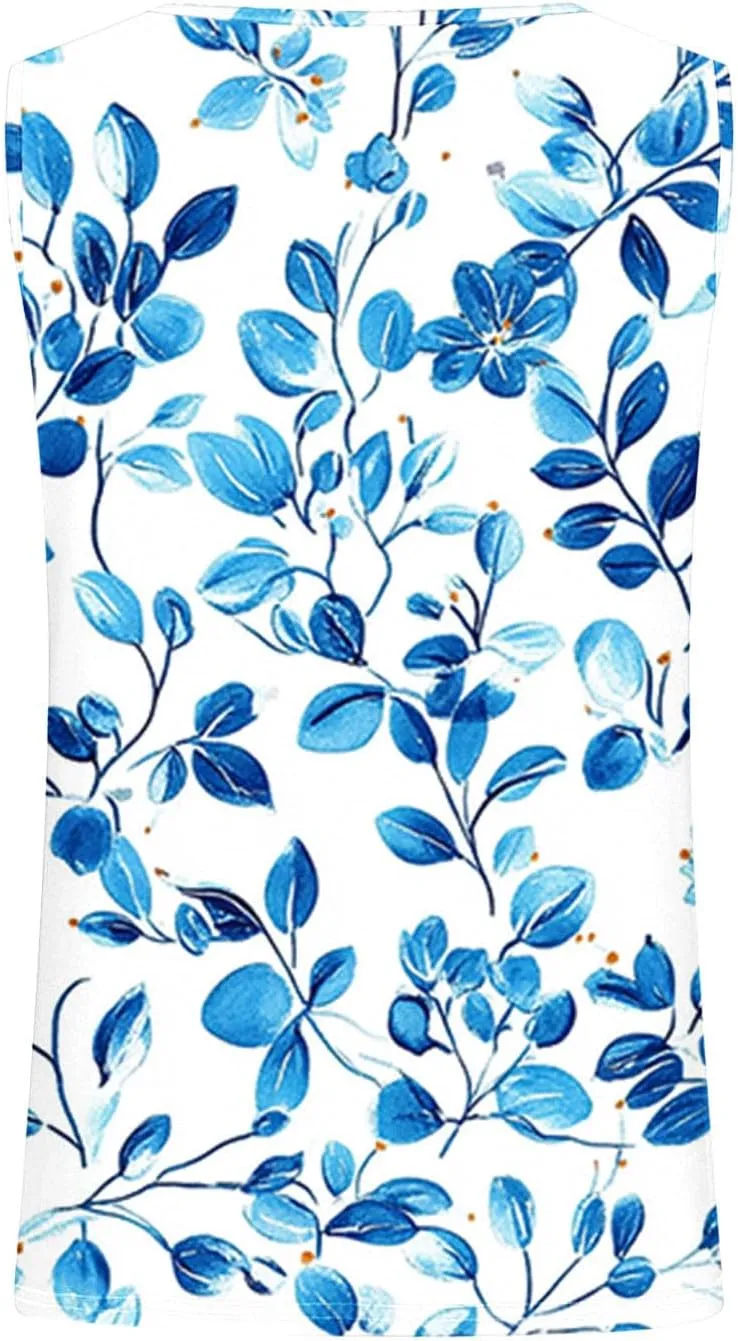 Tank Tops for Women Floral Print Sleeveless Crewneck Loose Fit Summer Tunic Tops Casual Vacation Beach Shirts