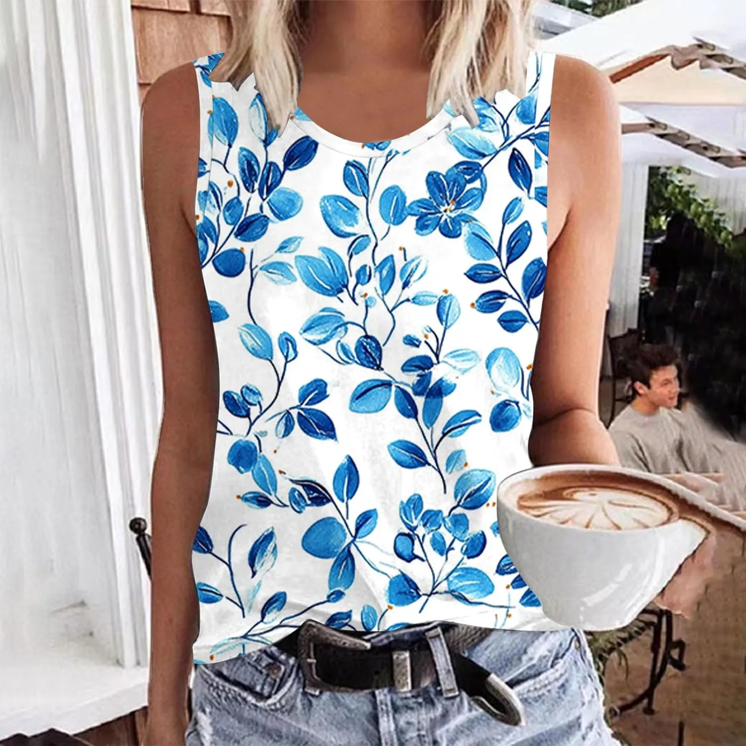 Tank Tops for Women Floral Print Sleeveless Crewneck Loose Fit Summer Tunic Tops Casual Vacation Beach Shirts