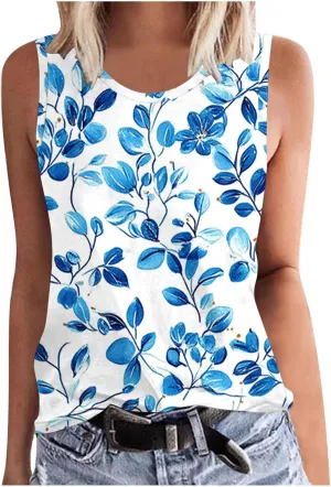 Tank Tops for Women Floral Print Sleeveless Crewneck Loose Fit Summer Tunic Tops Casual Vacation Beach Shirts