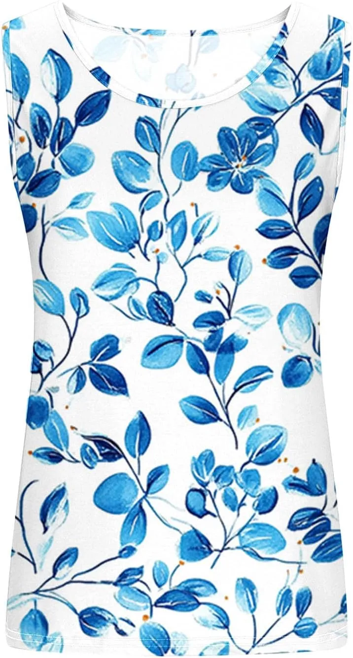 Tank Tops for Women Floral Print Sleeveless Crewneck Loose Fit Summer Tunic Tops Casual Vacation Beach Shirts