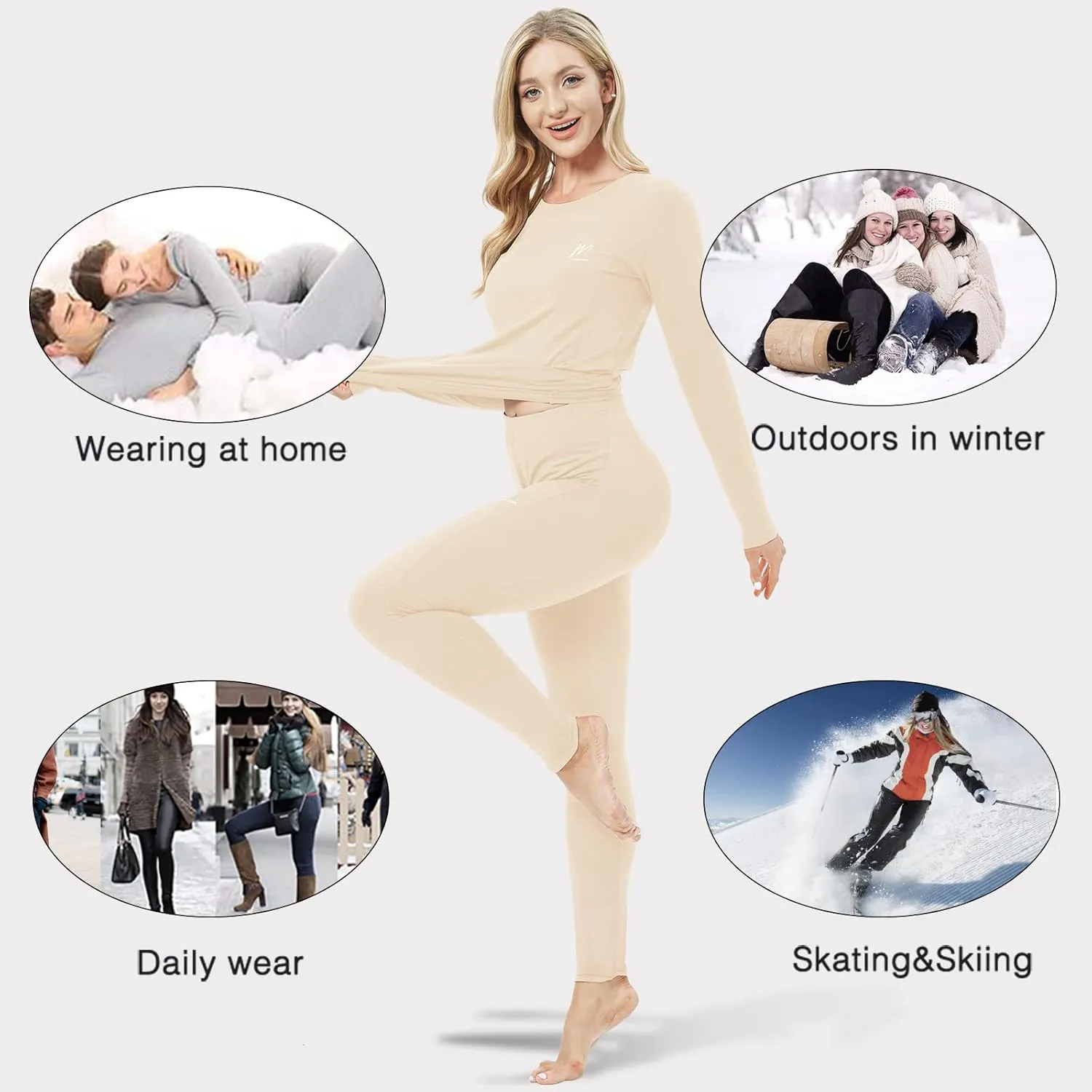 Thermal Underwear for Women, Winter Warm Base Layer Compression Set, Fleece Lined Long Johns Running Skiing