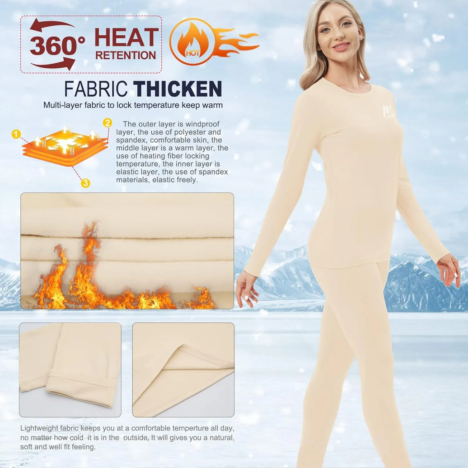 Thermal Underwear for Women, Winter Warm Base Layer Compression Set, Fleece Lined Long Johns Running Skiing