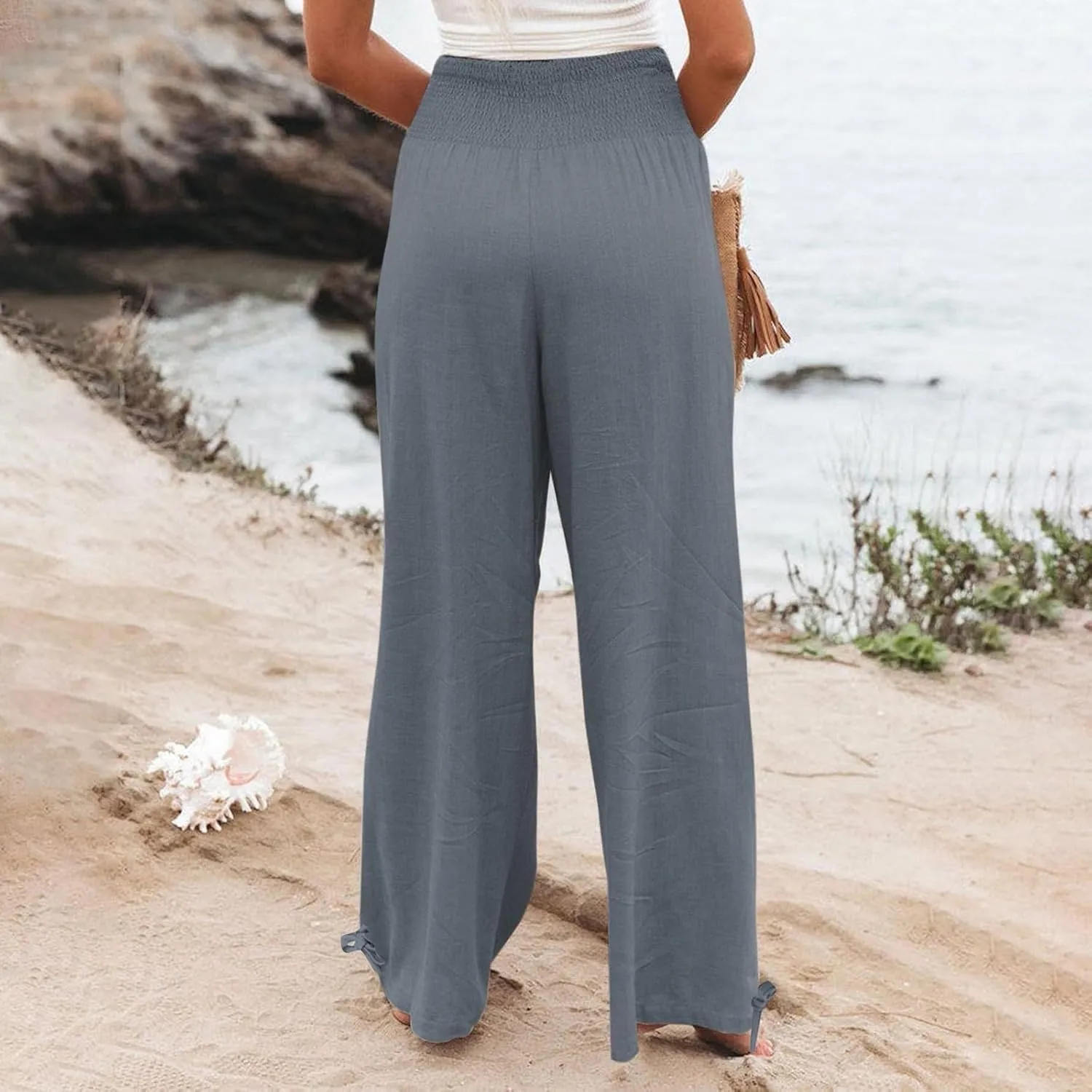 Travel Pants Women Linen Pants Loose Straight Pants High Waisted Wide Leg Pants Lounge Pants Trousers with Pockets