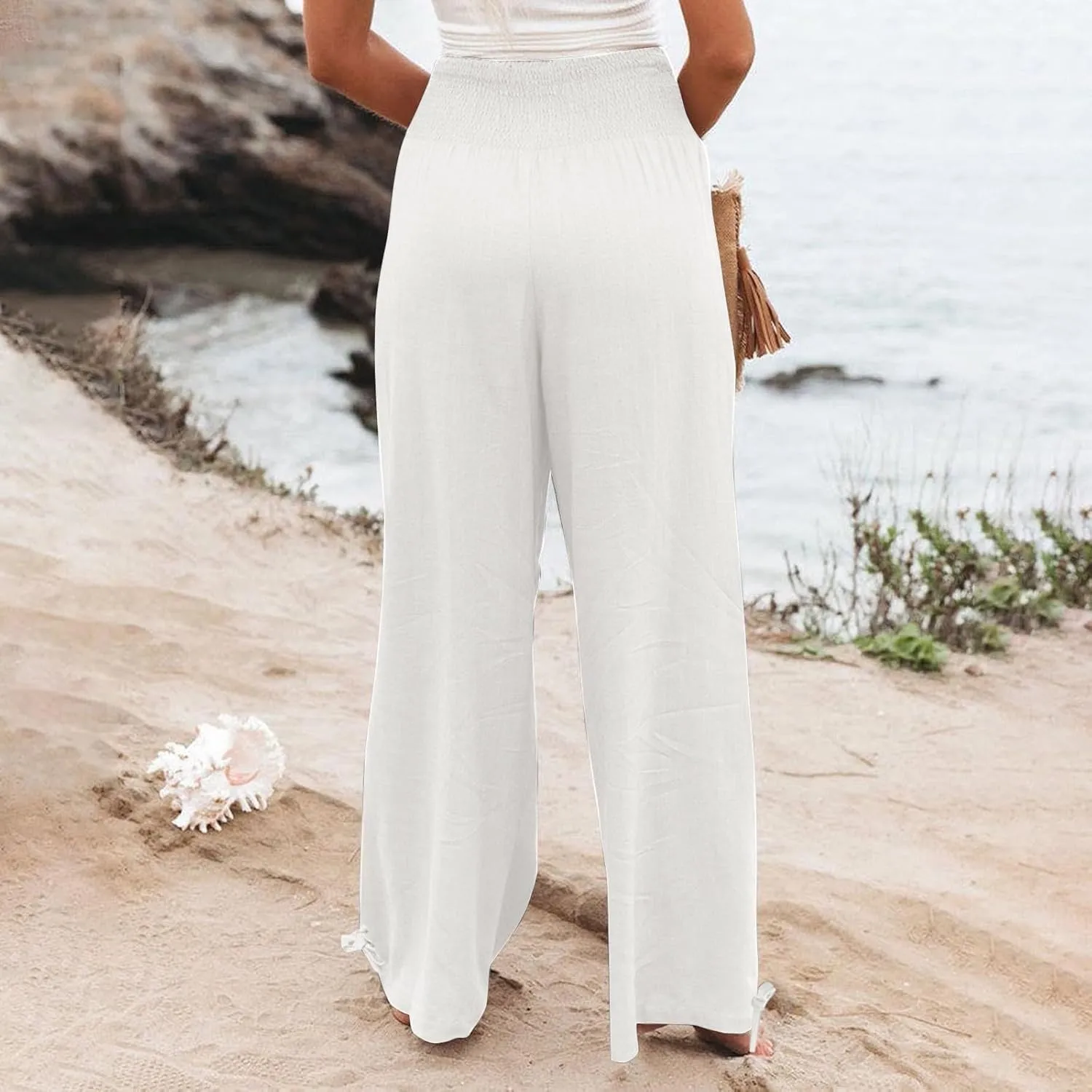 Travel Pants Women Linen Pants Loose Straight Pants High Waisted Wide Leg Pants Lounge Pants Trousers with Pockets