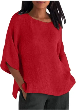 Tshirts Shirts for Women Summer Causal 3/4 Sleeve Cotton Linen Tops Loose Fit Solid Crewneck Blouse Lounge Pullover