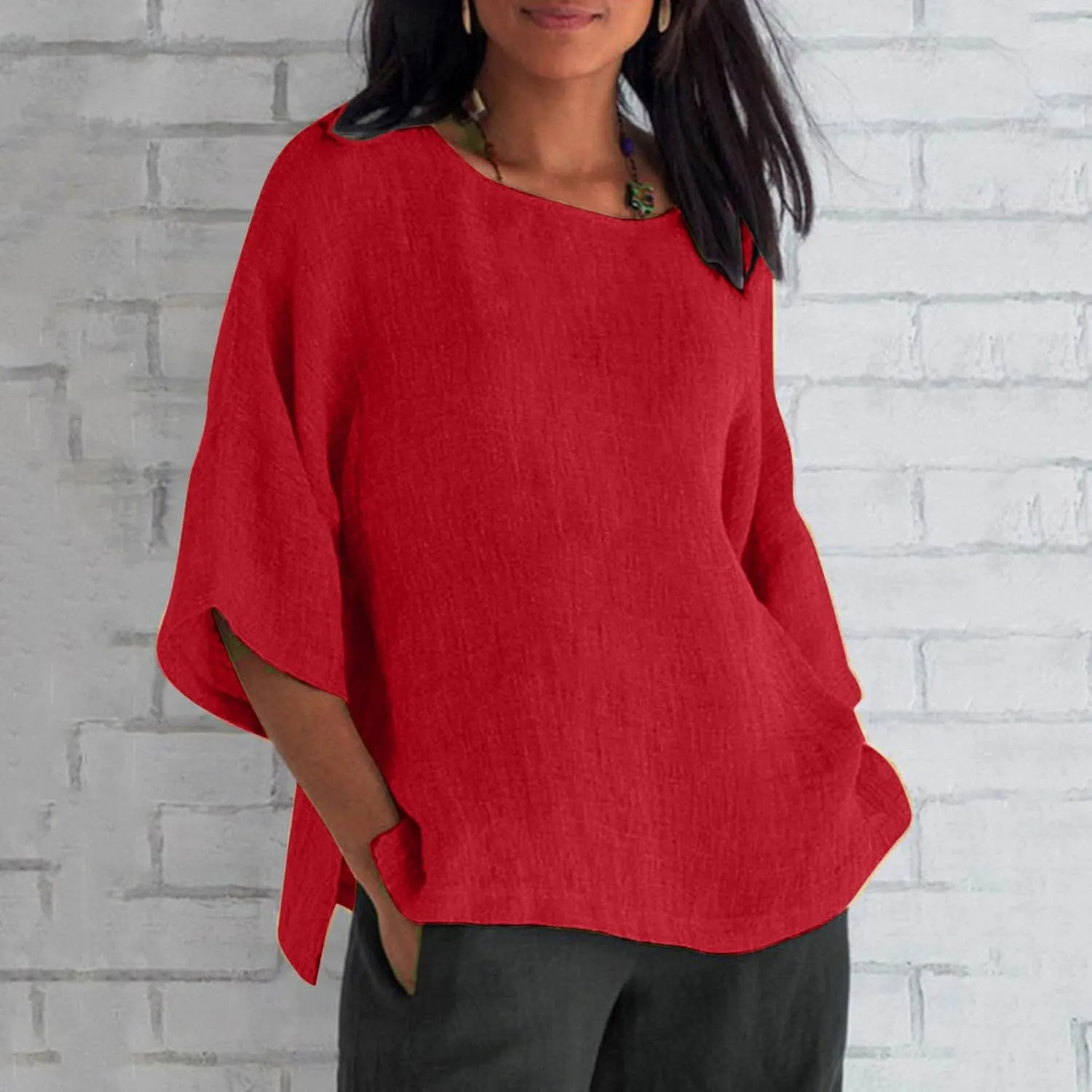 Tshirts Shirts for Women Summer Causal 3/4 Sleeve Cotton Linen Tops Loose Fit Solid Crewneck Blouse Lounge Pullover
