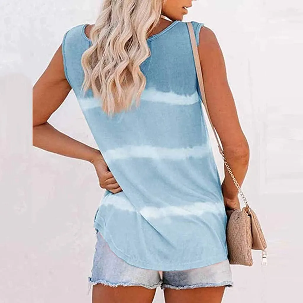 Tunic Tank Tops for Women 2024 Summer Casual Sleeveless Tie-dye Striped Scoop Neck-Henley Shirts Loose Fit Tops
