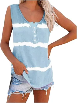 Tunic Tank Tops for Women 2024 Summer Casual Sleeveless Tie-dye Striped Scoop Neck-Henley Shirts Loose Fit Tops