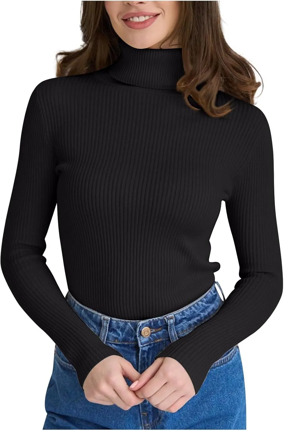 Turtleneck Sweater for Women Cropped Long Sleeve Knitted Sweater Solid Color High Neck Cute Sweaters for Women