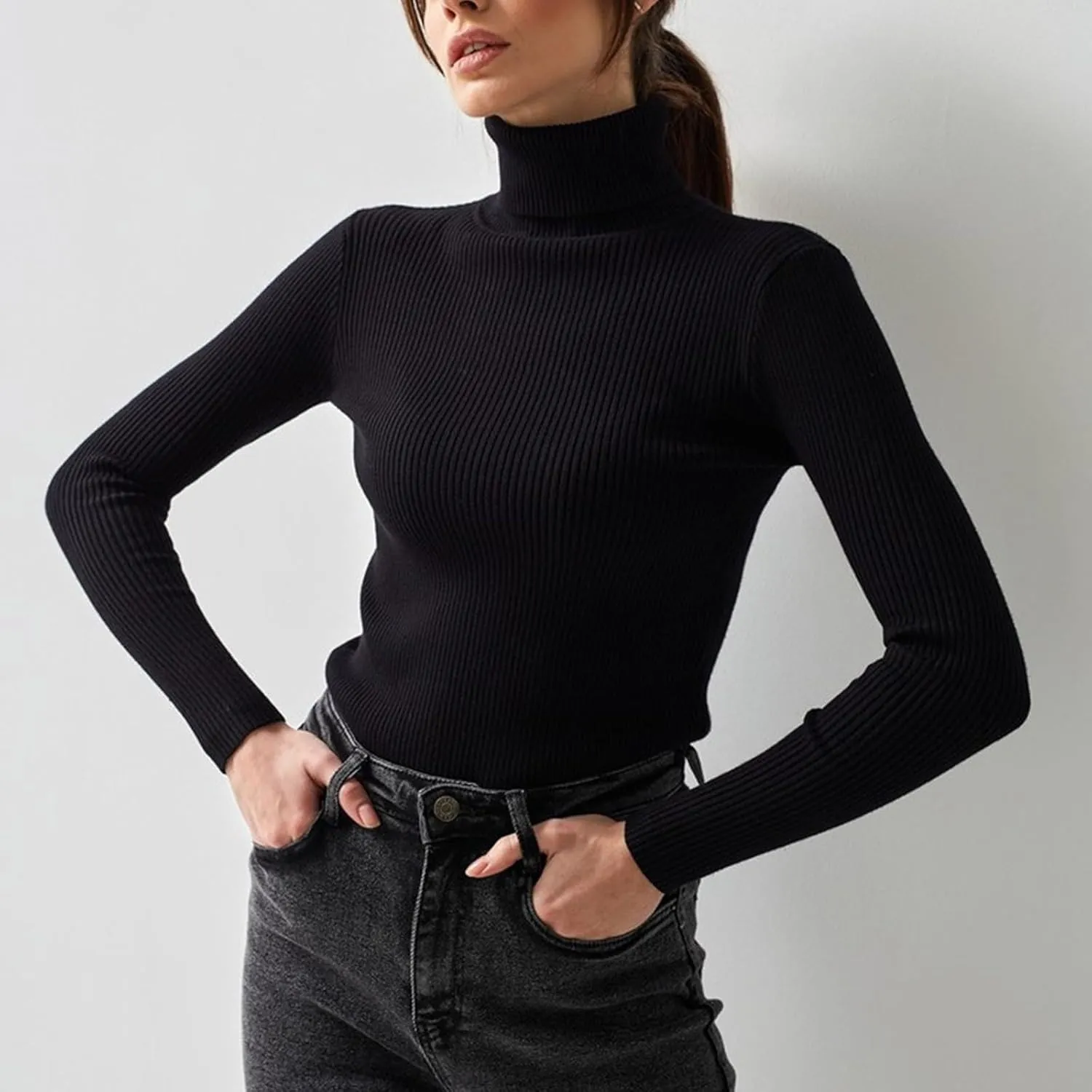 Turtleneck Sweater for Women Cropped Long Sleeve Knitted Sweater Solid Color High Neck Cute Sweaters for Women