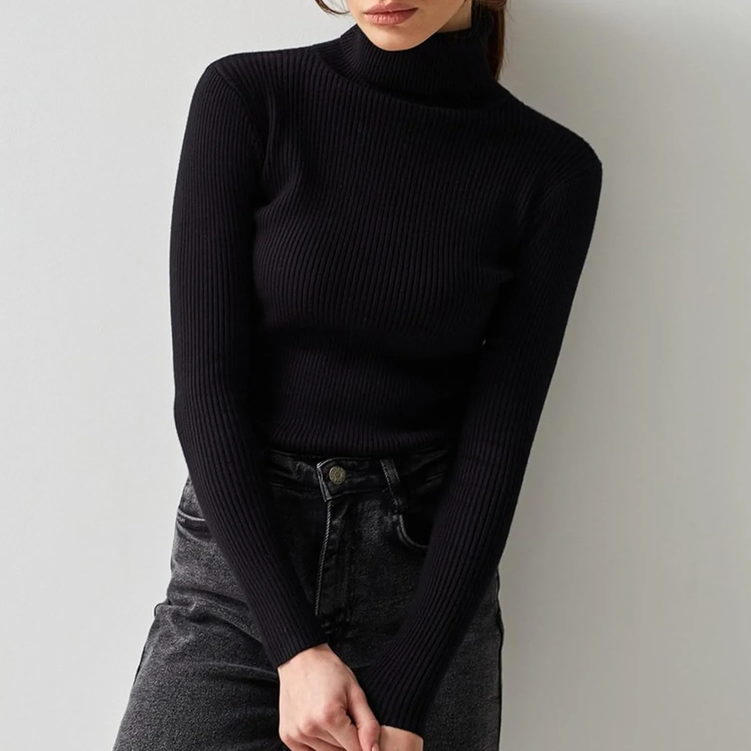 Turtleneck Sweater for Women Cropped Long Sleeve Knitted Sweater Solid Color High Neck Cute Sweaters for Women